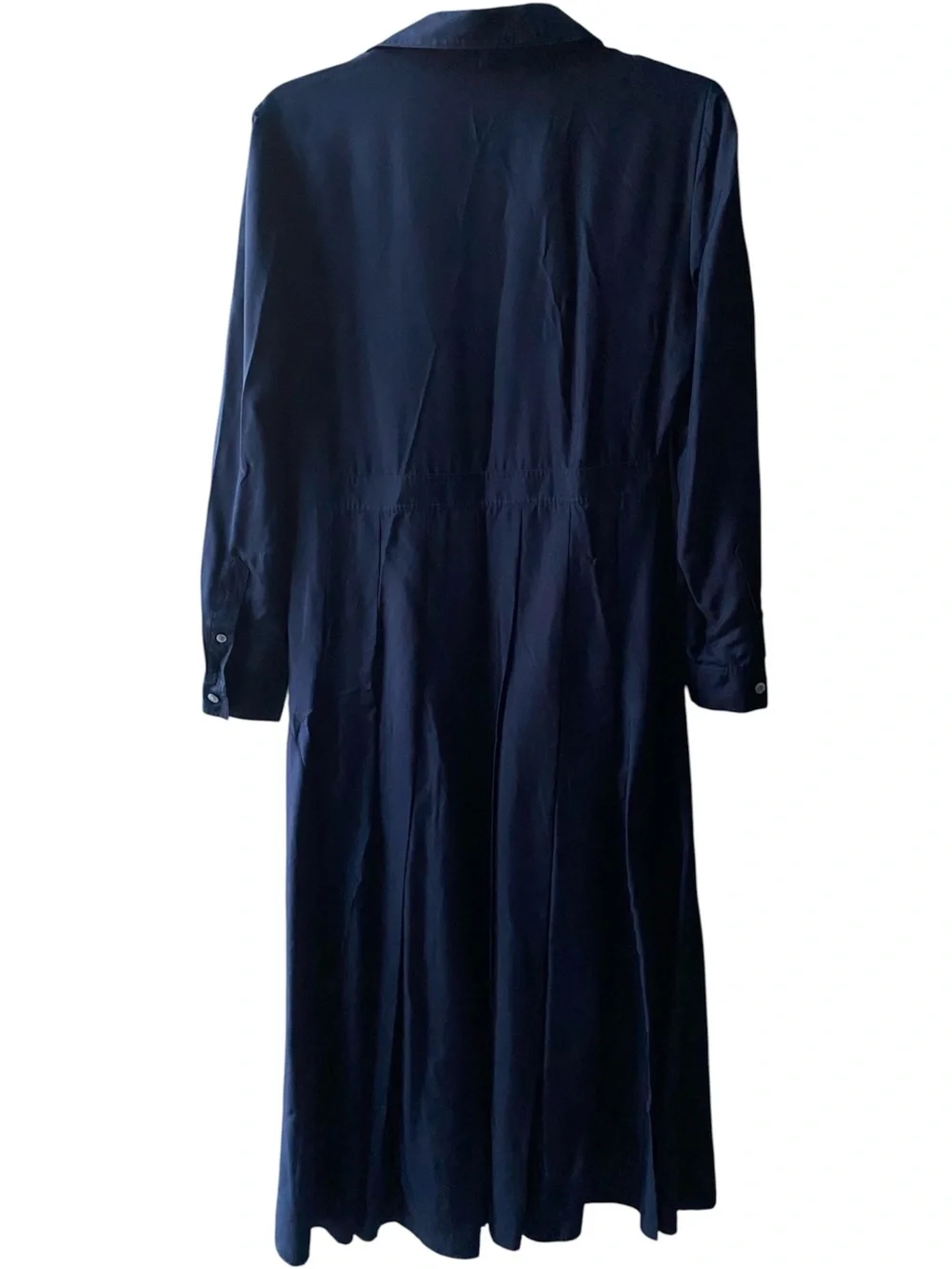 TORY BURCH SILK Navy Blue 100% Silk Pleated Midi Shirtdress long sleeve
